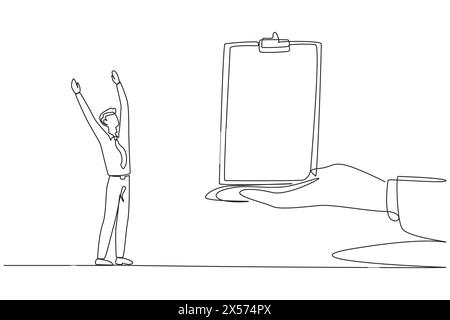 Continuous one line drawing the businessman was excited to get the clipboard from the giant hand. Important prize. Can do reports anywhere. Make check Stock Vector