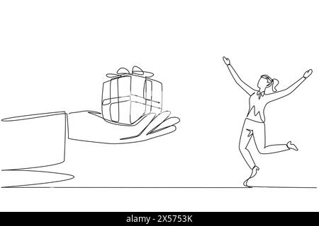 Single one line drawing businesswoman was excited to get gift box from a giant hand. Success reward. An award. Can benefit business. Great achievement Stock Vector