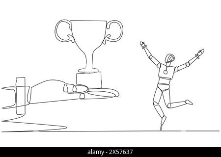 Single continuous line happy robot standing with both hands pointing ...
