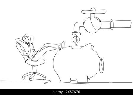 Single continuous line drawing businessman sit relax on chair to see money faucet flow into savings piggy bank. Passive income. Guarantee of always ma Stock Vector