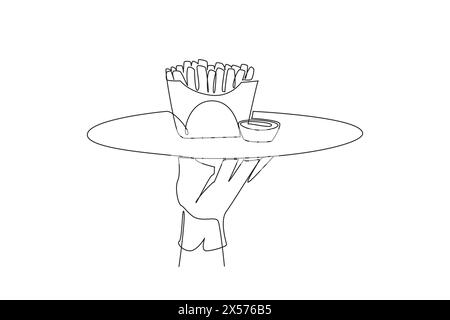 Single one line drawing the waiter holds a food tray serving french fries. A dish made from shredded potatoes. Snack. Complementary food to the main m Stock Vector