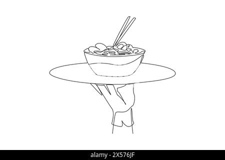 Continuous one line drawing waiter holding food tray serving noodles. Food with several toppings. Eggs, meat, vegetables. Delicious. Chopsticks. Thai Stock Vector