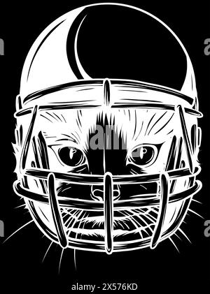 white silhouette of cat with helmet american footbal player on black background Stock Vector