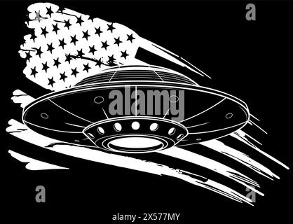 white silhouette of ufo with usa flag on black background vector Stock Vector