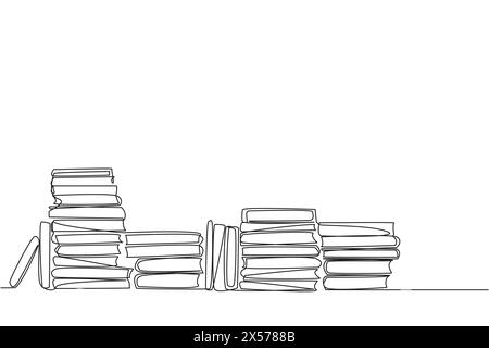 Continuous one line drawing lots of books piled up. Packaged after being brought from the book festival. Books to read while in space. Study. Fiction. Stock Vector