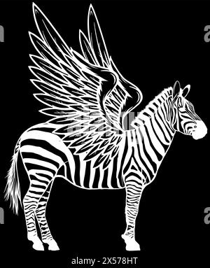 white silhouette of Cute zebra with wings. Isolated animal on black background Stock Vector