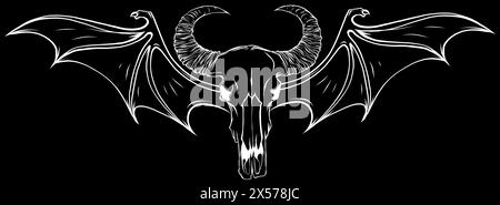 white silhouette of Rams Head Skull with wings on black background vector logo illustrations Stock Vector