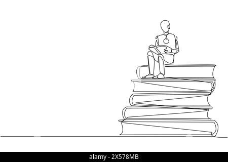 Single one line drawing robotic sitting on pile of books reading book. High interest in reading. Opening horizon of thinking. Tech book festival conce Stock Vector