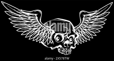 white silhouette of skull with wings on black background Stock Vector