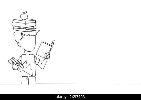 Single one line drawing boy reading a book practicing balance. Stack books on top of head along with the apple. Balancing reading rhythm, train focus. Stock Vector