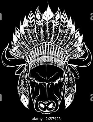 white silhouette of bull head with indian roach on black background Stock Vector