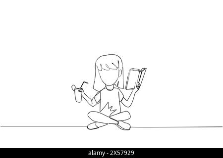 Single continuous line drawing girl sitting cross-legged reading book. Accompanied by glass of orange juice to make reading more interesting. Knowledg Stock Vector
