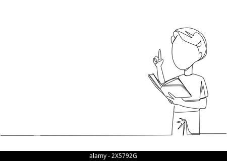 Single continuous line drawing boy standing reading a book. Gesture gets the idea. Books can see from different points of view. Brilliant idea from re Stock Vector