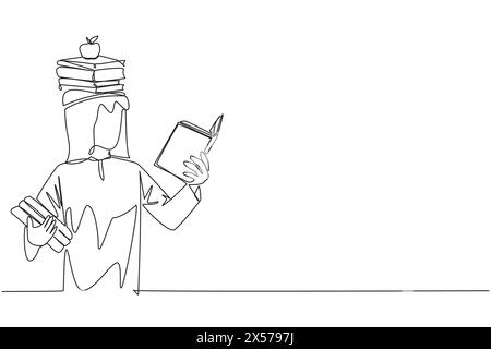 Single continuous line drawing Arabian man reading book practicing balance. Stack books on top of head along with the apple. Balancing reading rhythm, Stock Vector