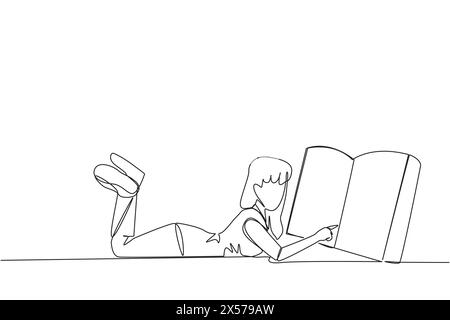 Single one line drawing woman lying on her stomach reading a big book. Enjoy reading books in a variety of styles. Reading increases insight. Love rea Stock Vector