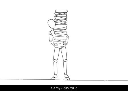 Continuous one line drawing robot carrying tall stack of books covering itself. Newly purchase book from bookstore. Read books one by one at home. Rea Stock Vector
