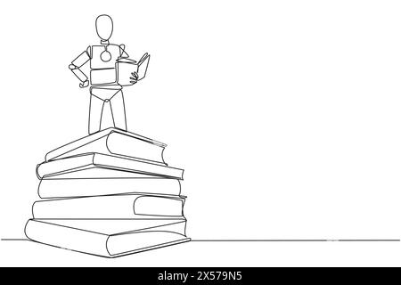 Single continuous line drawing smart robotic standing on a pile of books reading the fiction story book. Intrigued by book series. Read anywhere to fi Stock Vector