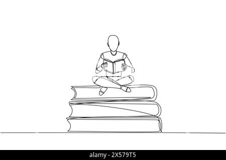 Continuous one line drawing robot sitting cross-legged on pile of large books. Read comic. Read textbook. Read scientific journal. Read increase insig Stock Vector