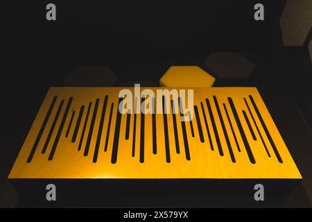 full shot of wooden studio sound panel, music concept. High quality photo Stock Photo