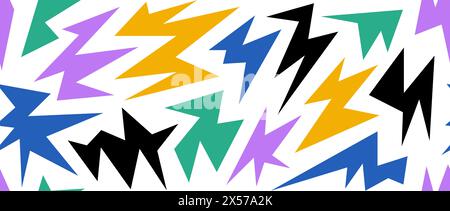 Colorful irregular spark and twinkle seamless pattern. Yellow, purple, blue and green sharp shapes repeating background. Bright sharp edgy ornament wallpaper. Vector bright nursery repeated backdrop Stock Vector