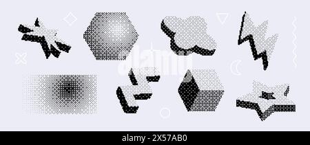 Bitmap textured shape set. Dither halftone geometric object collection. Black cube, zigzag, star, bolt, flower, hexagon elements for banner, poster, leaflet. Pixel 3d raster effect bundle. Vector pack Stock Vector
