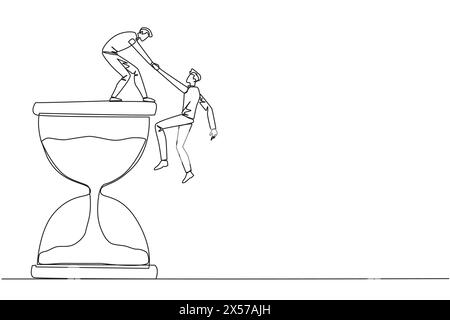 Single continuous line drawing businessman helps colleague climb the large hourglass. Have many assignment deadlines. Sharing with colleagues will bec Stock Vector