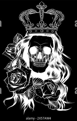white silhouette of The queen skull with crown and roses flower on black background Stock Vector