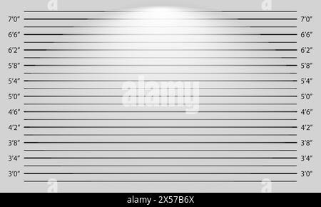 Line up mugshot template with lighting effect. Background for burglar profile. Police inches height chart for photoshoot of wanted, arrested or suspected person identification. Vector illustration. Stock Vector