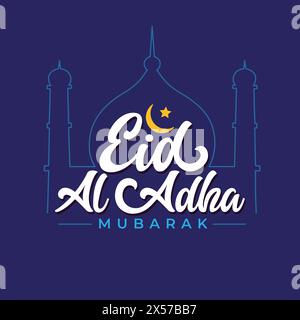 Eid al Adha Mubarak logo with beautiful typography, moon, star and line art mosque vector illustration on blue background. Islamic religious holiday Stock Vector