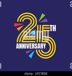 25th anniversary logo with golden color text and celebration elements on blue background. 25 Years birthday template, badge, sticker, poster, banner Stock Vector