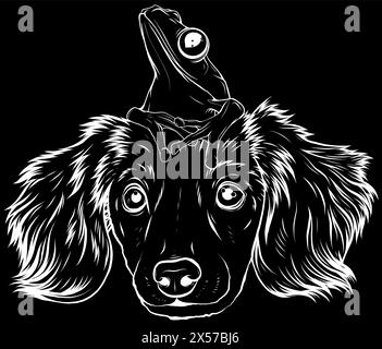 white silhouette of dog and frog cartoon on black background Stock Vector
