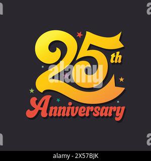 25th anniversary logo with golden color text, ribbon and stars on black background. 25 Years birthday template, badge, sticker, poster, banner Stock Vector