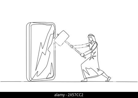 Continuous one line drawing Arabian businessman preparing to hit big smartphone. Technology can destructive if not use properly. Intelligence is requi Stock Vector