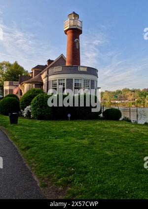 Turtle Rock Lighthouse marks the end of Boathouse Row along the Schuylkill River in Philadelphia. Stock Photo