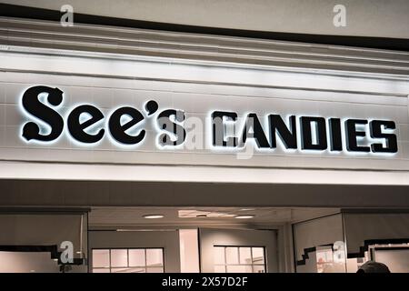 Honolulu, HI - December 23, 2023 : Warren Buffet Birkshire Hathaway owned subsidiary, See's Candies Shops, Inc. candy and chocolate manufacturer's sig Stock Photo