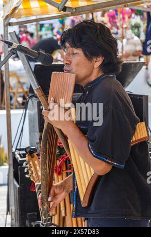 Man playing pan pipes at sunday market, Teguise, Lanzarote, Canary Islands, Spain Stock Photo