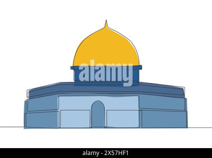One continuous line drawing of Islamic historical landmark masjid or mosque Dome of the Rock. The ancient building that use as a place of worship for Stock Vector