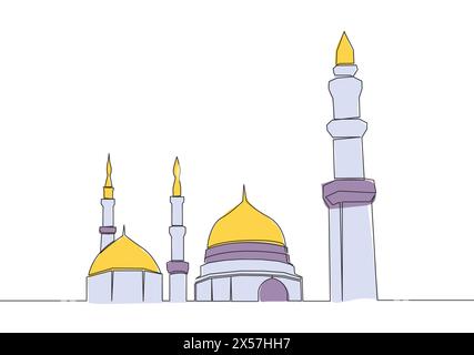 One continuous line drawing of historical landmark dome mosque or Masjid An Nabawi. Ancient building works as a place of worship for muslim person con Stock Vector