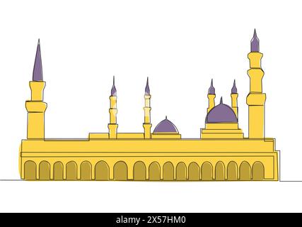 Single continuous line drawing of historical mosque or Masjid An Nabawi in Medina. Historical construction use as a place of praying for Islamic perso Stock Vector