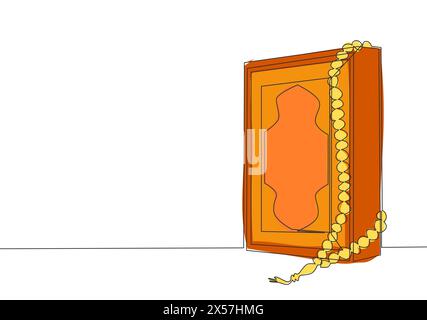 Single continuous line drawing of Quran holy book of muslim person and a tasbih, use as a reminder tools to God. Praying remember to God concept one l Stock Vector