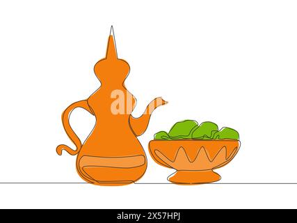 One single line drawing of teapot usually containing Zam zam water and dates fruit on a plate. Food and drink to eat after fasting concept continuous Stock Vector