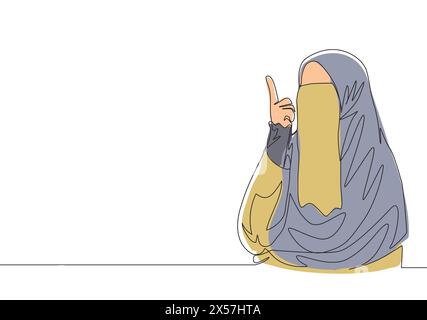 One continuous line drawing of young beauty Asian muslimah wearing burqa while pointing finger to the sky. Traditional Islamic woman niqab dress conce Stock Vector