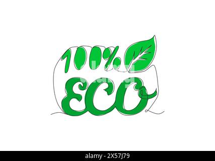 One continuous line drawing of natural and organic food typography quote - 100% Eco. Calligraphic design for print, card, label, banner, poster. Singl Stock Vector