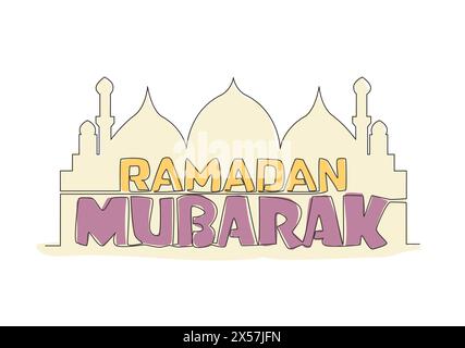 One continuous line drawing of Happy Eid Al Fitr Mubarak and Ramadan Kareem concept. Islamic holiday calligraphic design for print, greeting card, ban Stock Vector
