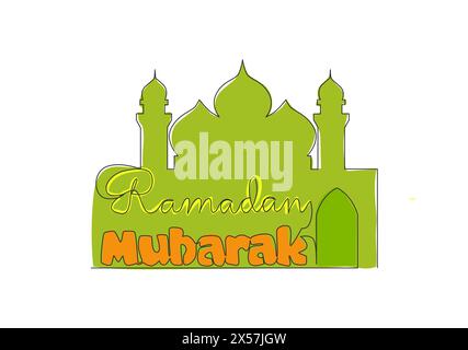 One single line drawing of Happy Eid Al Fitr Mubarak and Ramadan Kareem concept. Islamic holiday calligraphic design for print, greeting card, banner, Stock Vector