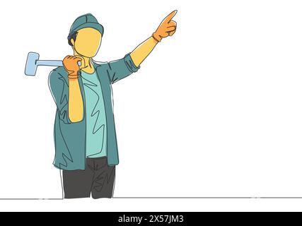 One single line drawing of young attractive handyman holding a hammer and pointing finger to the sky. Home renovation service concept continuous line Stock Vector