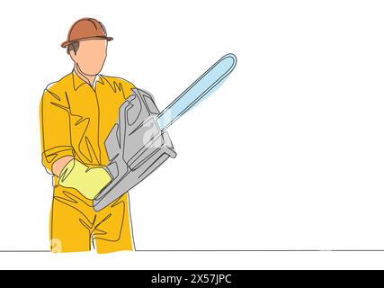 One continuous line drawing of young attractive woodworker holding big chainsaw to cut the tree. Lumberjack cutting wood concept Single line draw desi Stock Vector