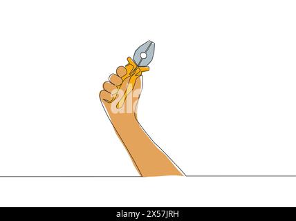 One continuous line drawing of man holding stainless steel pliers. Handyman tools concept. Single line draw vector design illustration Stock Vector