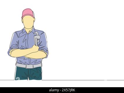 One single line drawing of young handsome plumber wearing uniform and holding a pipe wrench. House maintenance service concept continuous line draw de Stock Vector