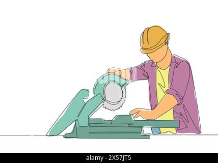 Single continuous line drawing of young attractive woodworker cutting wooden board using circular saw. Home renovation service concept one line draw d Stock Vector